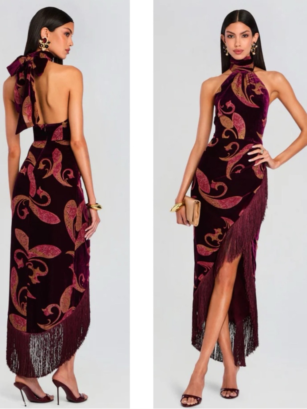 RETROFETE Iridessa Paisley Velvet Burnout Halterneck Fringe Maxi Dress Size S